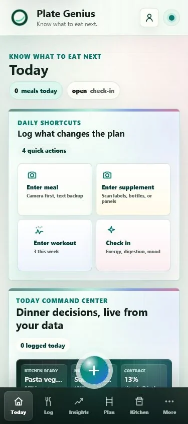 Plate Genius home screen showing daily signal and food planning progress
