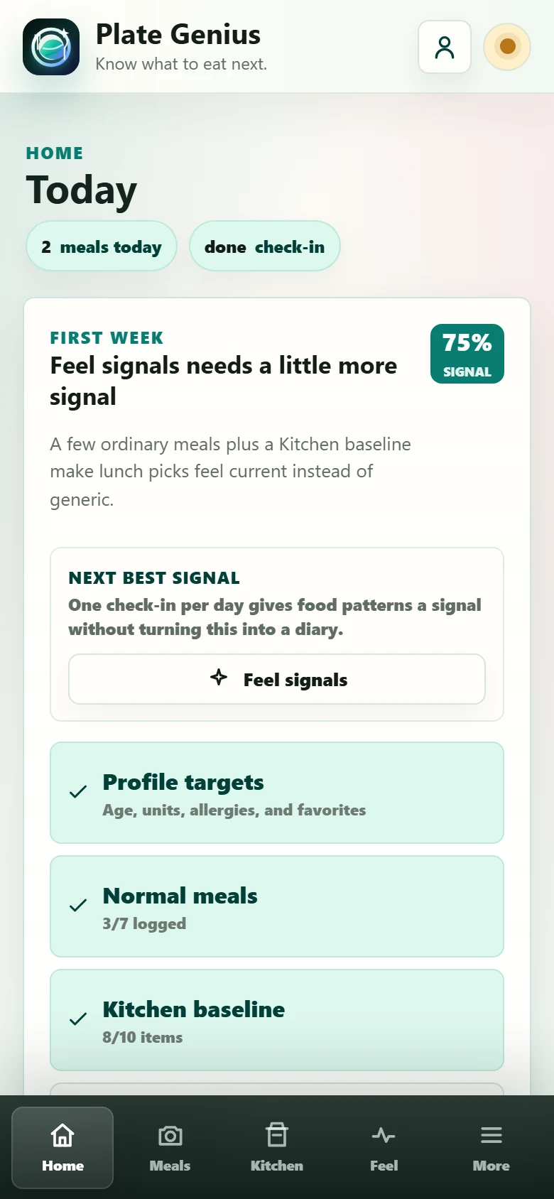 Plate Genius home screen showing daily signal and food planning progress
