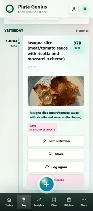 Plate Genius food journal timeline with missed item insert