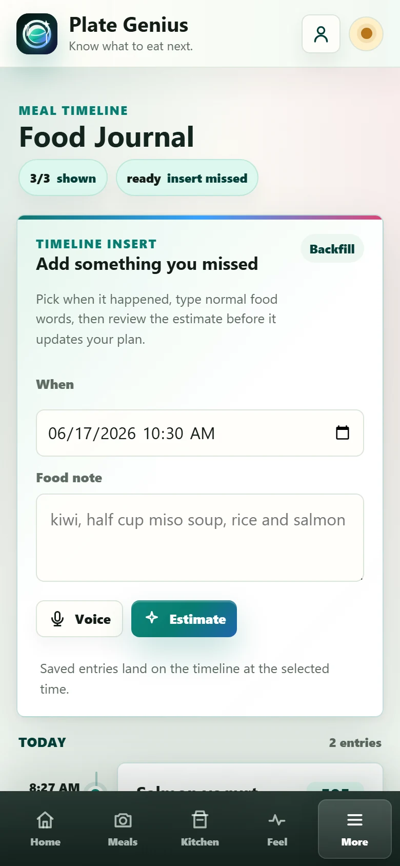Plate Genius food journal timeline with missed item insert